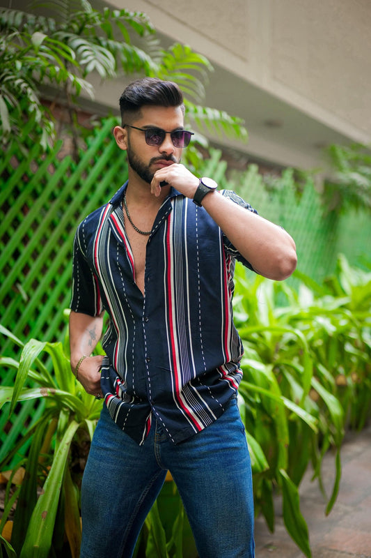 Men's Stripe Print Rayon Cuban Collar Casual Shirt Multicolor
