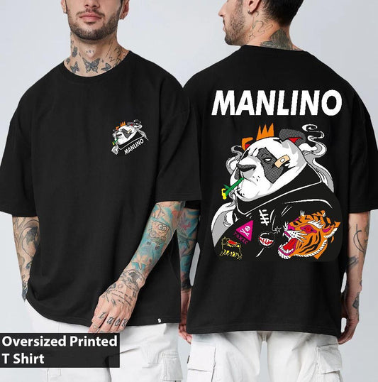 Manlino  Men's Black Half Sleeve Round Neck Oversized Graphic Print T-Shirt